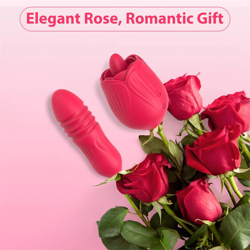 Rose Tongue Licking Vibrator with Thrusting Dildo